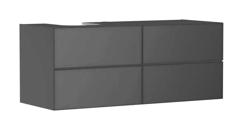 Waschtischunterschrank in Schiefergrau, ausgestattet mit vier Schubkästen. Eignet sich für einen Aufsatzwaschtisch. Design von Hansgrohe.